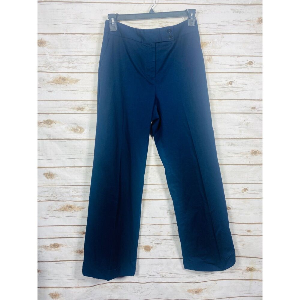 Talbots Women Wide Leg Trouser Cuffed Side Button Navy Blue Size 10
